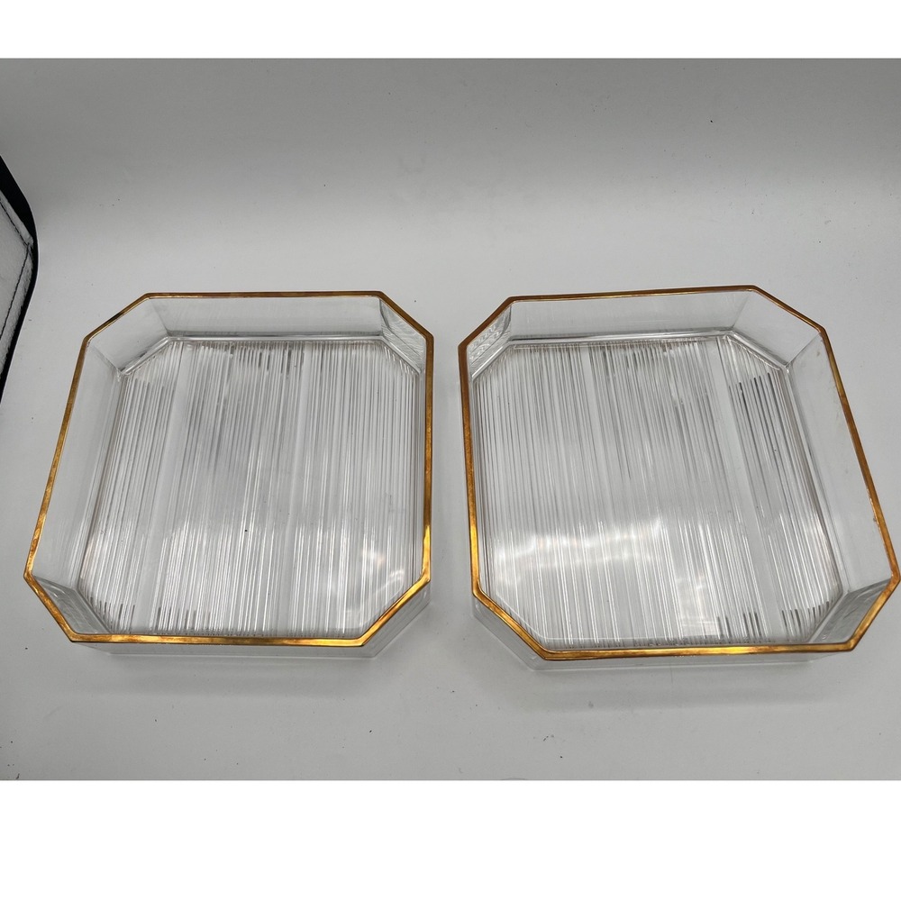 Vintage HOYA Crystal Gold Rimmed Ribbed Glass 2 Stackable Tray Set (No Lid)Japan